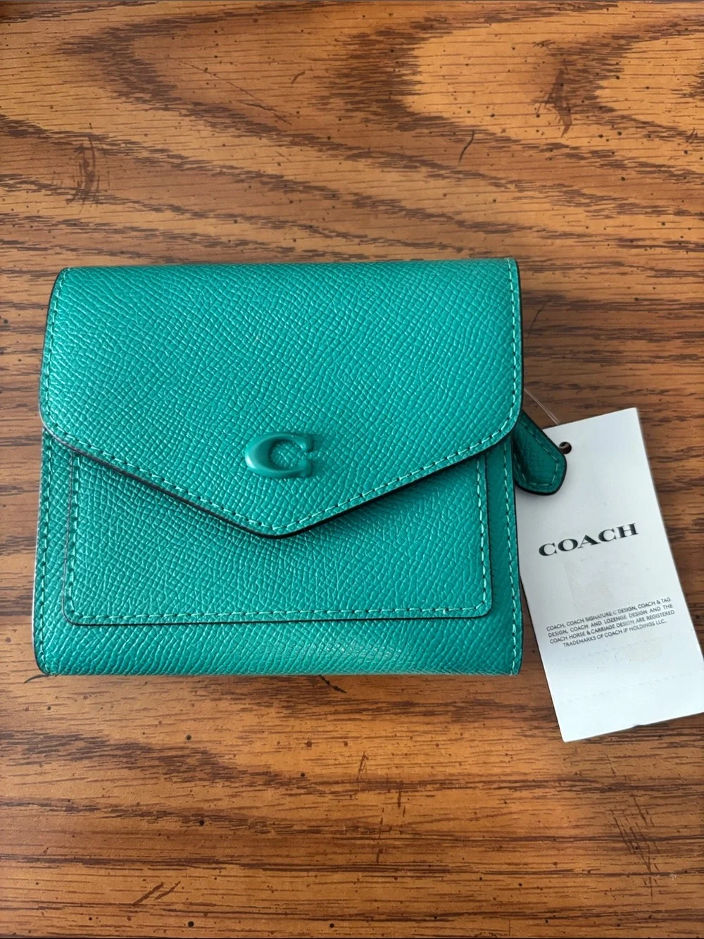 NWT Coach Teal Textured Leather Compact Wallet